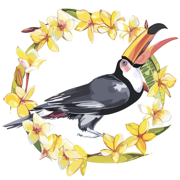 Flamingo tropikal çiçeklerle. Tasarım davetiye, film afişleri, kumaşlar ve diğer nesneler için öğe. Beyaz izole. Vektör Eps 10