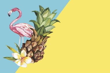 Ananas tropik çiçekler ve Flamingo ile. Tasarım davetiye, film afişleri, kumaşlar ve diğer nesneler için öğe. Beyaz izole. Vektör Eps 10