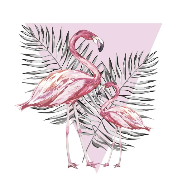 สอง flamingos กับใบไม้เขตร้อน องค์ประกอบสําหรับการออกแบบของการเชื้อเชิญโปสเตอร์ภาพยนตร์ผ้าและวัตถุอื่น ๆ แยกตัวบนสีขาว เซตเรขาคณิต เวกเตอร์ EPS 10 — ภาพเวกเตอร์สต็อก