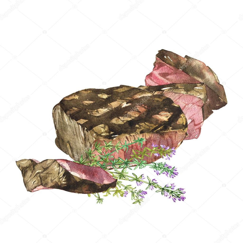Beef and Caraway. Watercolor ilustration of ribeye steak. Isolated on white background.
