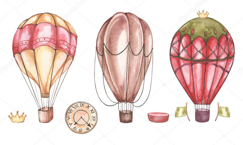 Set of hot air balloons and blimps, watercolor illustration.