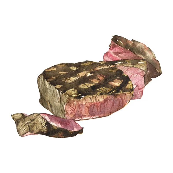 Βόειο κρέας. Ακουαρέλα ilustration ribeye μπριζόλα. Απομονωμένα σε λευκό φόντο. — Φωτογραφία Αρχείου