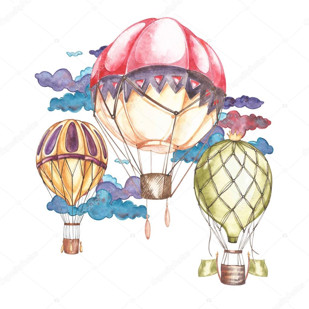 Composition with hot air balloons and blimps, watercolor illustration. Element for design of invitations, movie posters, fabrics and other objects.