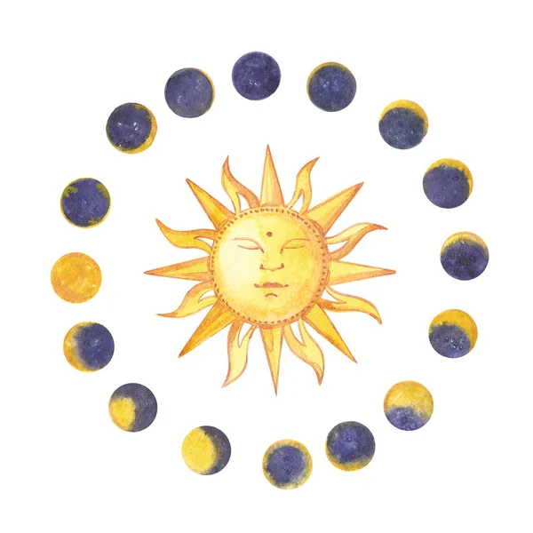 Σύνολο φάσεις ακουαρέλα φεγγάρι και τον ήλιο. Trendy hipster λογότυπα. Απομονωμένα σε λευκό φόντο. — Φωτογραφία Αρχείου