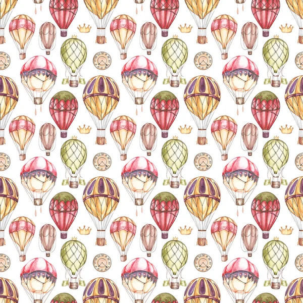 Samenstelling met hete lucht ballonnen en blimps, aquarel illustratie. Naadloze patroon. — Stockfoto