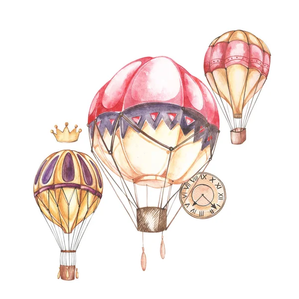 Samenstelling met hete lucht ballonnen en blimps, aquarel illustratie. Element voor het ontwerp van de uitnodigingen, filmposters, stoffen en andere objecten. — Stockfoto