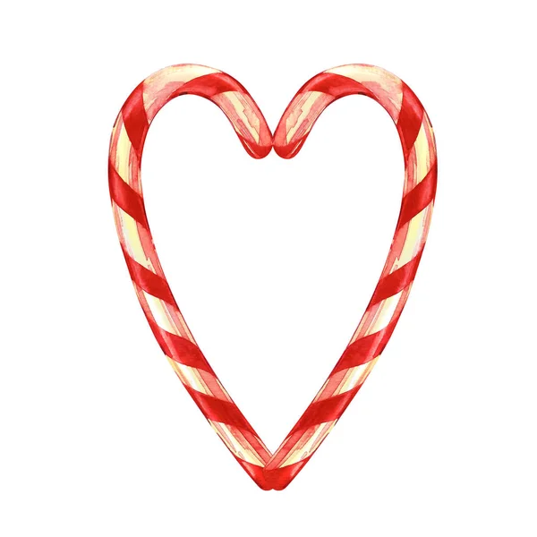Nyalóka, szív alakú candy cane. Vintage kellemes karácsonyi ünnepeket és boldog új évet akvarell illusztráció elszigetelt fehér background. — Stock Fotó