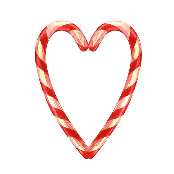 Lollipop, Heart shaped riet van het suikergoed. Vintage prettige kerstdagen en gelukkig Nieuwjaar-aquarel illustratie geïsoleerd op witte achtergrond. — Stockfoto