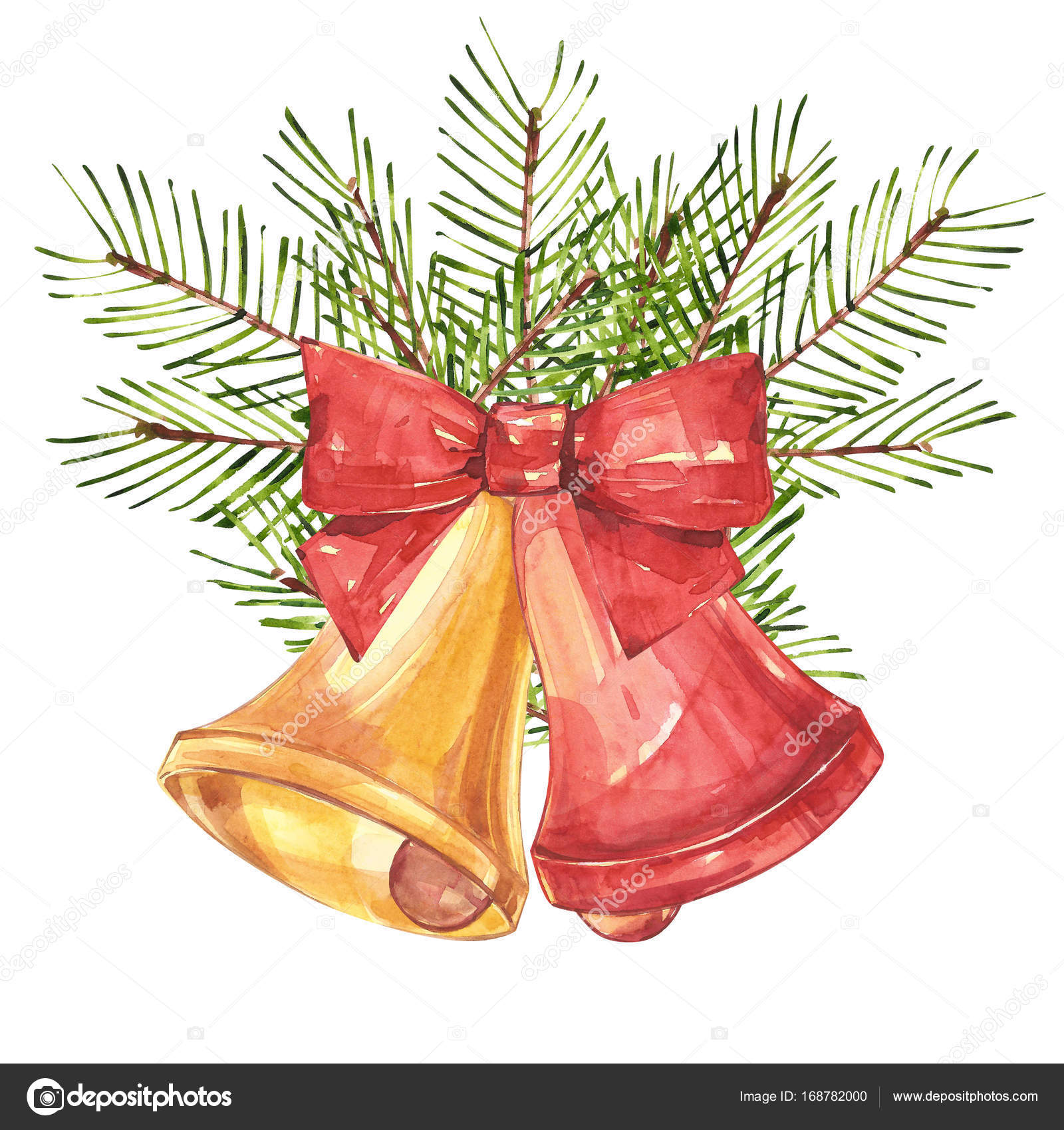 Vintage Christmas Card Watercolor Bells And Pine With Decorations Isolated On White Background Vintage Christmas Card Watercolor Bells And Pine With Decorations Isolated On White Background