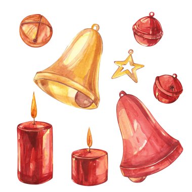 Sulu Boya Noel koleksiyon. El beyaz arka plan üzerinde izole tatil öğeleri boyalı. Mumlar ve çan.
