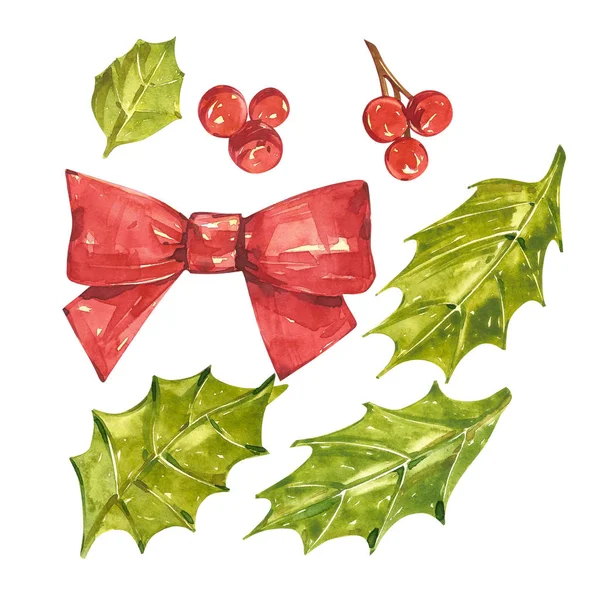 Zestaw świąteczny z jemioły xmas i jagody. Akwarela ilustracje na białym tle. — Zdjęcie stockowe