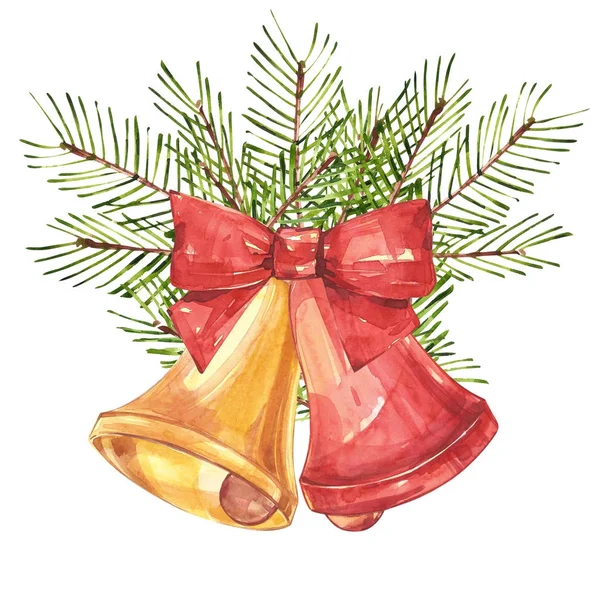 Tarjeta de Navidad Vintage. Acuarela campanas y pino con decoraciones. Aislado sobre fondo blanco . — Foto de Stock