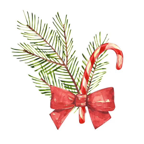 Bastón de caramelo de Navidad con árbol de Navidad. Ilustraciones en acuarela aisladas sobre fondo blanco . — Foto de Stock