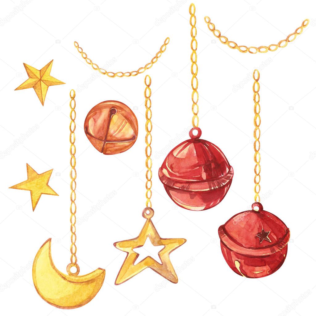 Watercolor christmas collection. Hand painted holiday elements isolated on white background. A crescent, a star and bells hang on gold chains.
