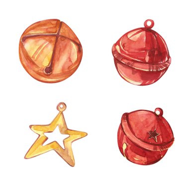 Sulu Boya Noel koleksiyon. El beyaz arka plan üzerinde izole tatil öğeleri boyalı. Yıldız ve çan.