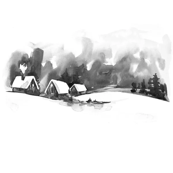 Akwarela Zima Krajobraz. Vintage Christmas akwarela powitanie karta z przytulne pejzaż zimowy krajobraz. Bajkowy Las zima czarno-białe akwarela ilustracja. — Zdjęcie stockowe