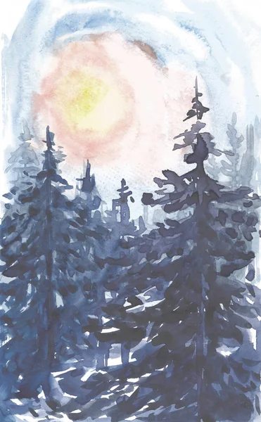 Winterlandschaft Hintergrund. Aquarellmalerei, Bild - Wald, Natur, Baum. es kann als Logo, Karte, Illustration verwendet werden. — Stockfoto