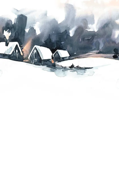 Aquarell Winterlandschaft. Vintage Weihnachts-Aquarell-Grußkarte mit gemütlicher Landschaft Winterlandschaft. Märchenwald Winter Aquarell Illustration. — Stockfoto
