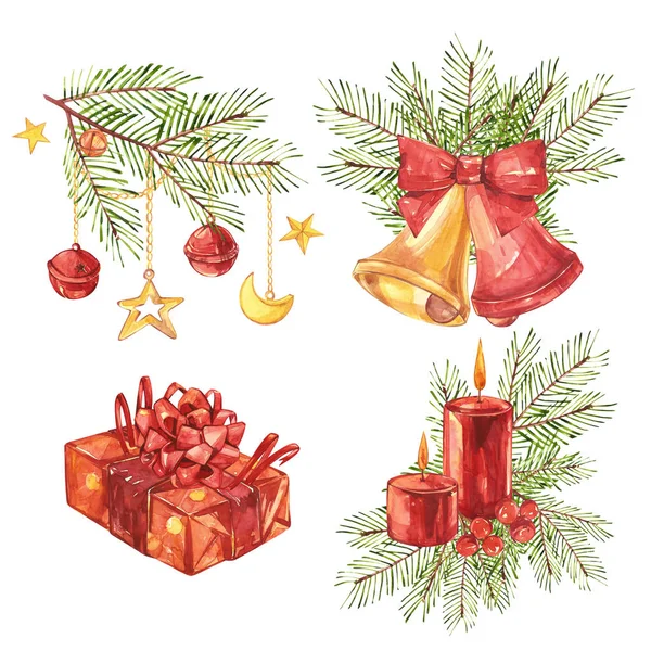 Sada vánoční Vintage ilustrací. Vánoční svíčka, strom a výzdobu. Akvarel design izolovaných na bílém pozadí. — Stock fotografie