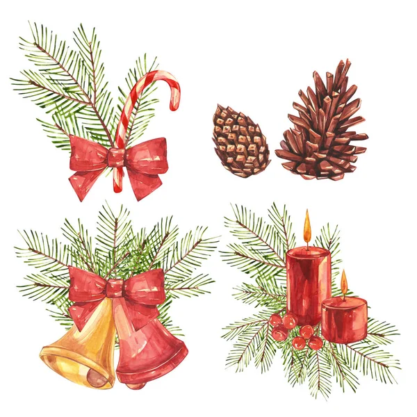Set of Vintage Christmas illustrations. Christmas candle, tree and decorations. Watercolor design isolated on white background. — Stock Photo, Image