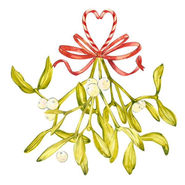 Watercolor illustration of green mistletoe. The Symbol of a Kiss. Christmas set isolated on white background. Hand Painted lement for a postcard. — Stock Photo, Image