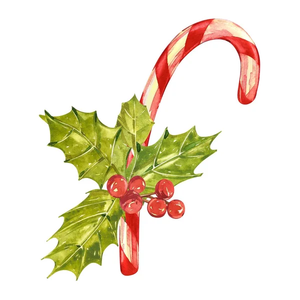 Boże Narodzenie candy cane xmas Tree. Akwarela ilustracje na białym tle. — Zdjęcie stockowe