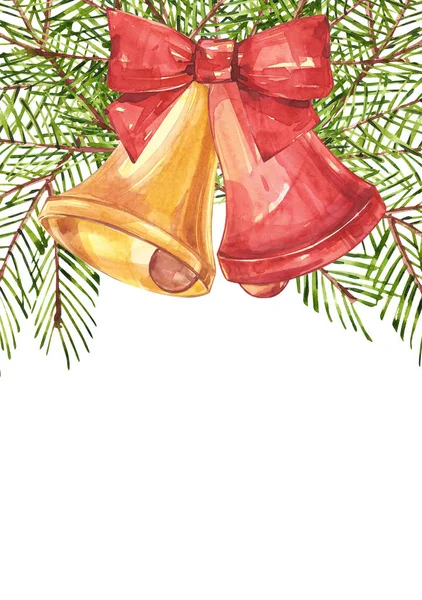 Illustration in Watercolor style of bells and bow and xmas trees. Isolated on white background. Traditional element of Christmas postcard. — Stock Photo, Image
