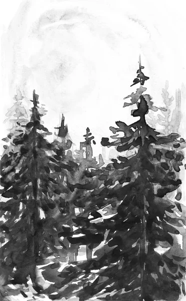 Fondo paisaje de invierno. Pintura de acuarela, cuadro - bosque, naturaleza, árbol. Se puede utilizar como logotipo, tarjeta, ilustración . — Foto de Stock