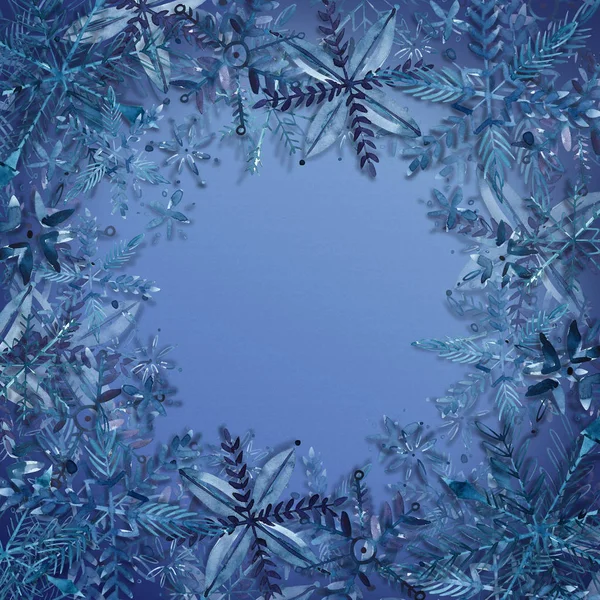 店の新年のプロモーション プラカード。青い紙の背景にクリスマス雪の結晶クリスマス背景。テキストのためのスペース. — ストック写真