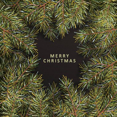 Merry Christmas - tebrik ifade. Çam ağacı dalları arka plan üzerinde Noel metin. Yılbaşı Promosyon afiş mağazası için. Hat yazı metin.