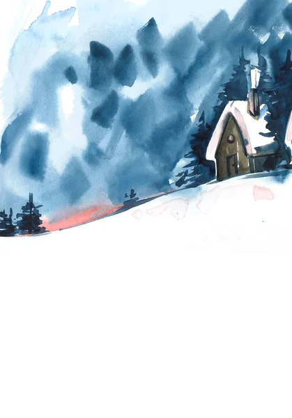 Aquarell Winterlandschaft. Vintage Weihnachts-Aquarell-Grußkarte mit gemütlicher Landschaft Winterlandschaft. Märchenwald Winter Aquarell Illustration. — Stockfoto