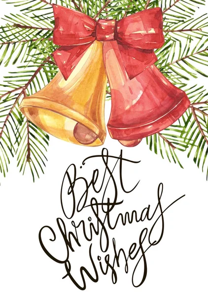 Best Christmas wishes- phrase. Holiday lettering illustration. Illustration in Watercolor style of bells and bow and xmas trees. Isolated on white background.