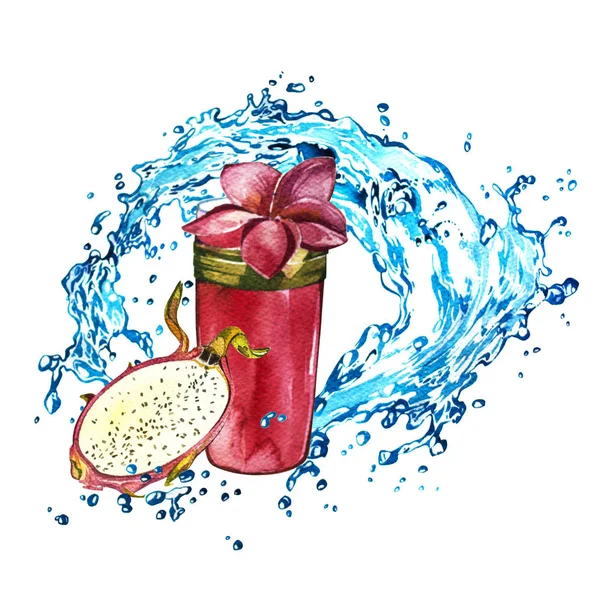 Juice dragon fruit with water splash. Watercolor illustration on white background. — Stock Photo, Image