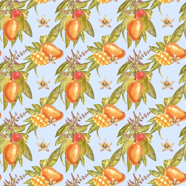 Mango tree vintage seamless pattern. Mango Fruit Watercolor botanical illustration.