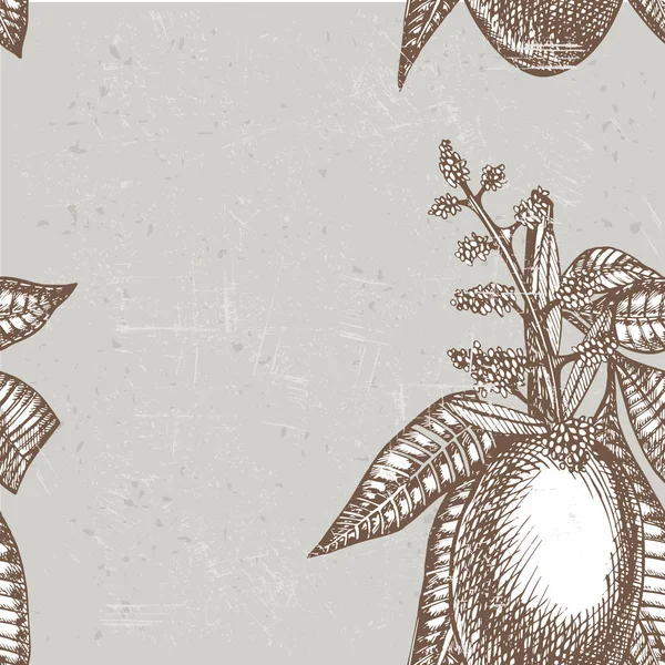 Carta de frutas de mango dibujadas a mano con hojas y rodajas de mango y cubos. Bosquejo estilo vector fruta marco. Ilustración de alimentos ecológicos . — Vector de stock