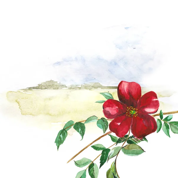 Цветок на фоне пейзажа. Готовая открытка. Место для текста . — стоковое фото