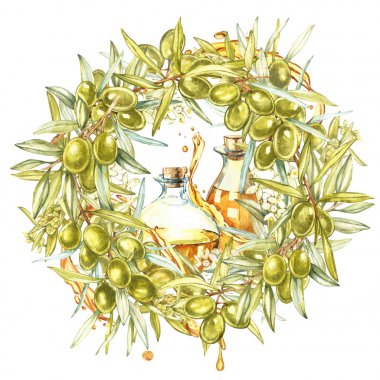 Sulu Boya renkli gerçekçi çelenk yuvarlak beyaz zemin üzerine olgun yeşil zeytin ile.