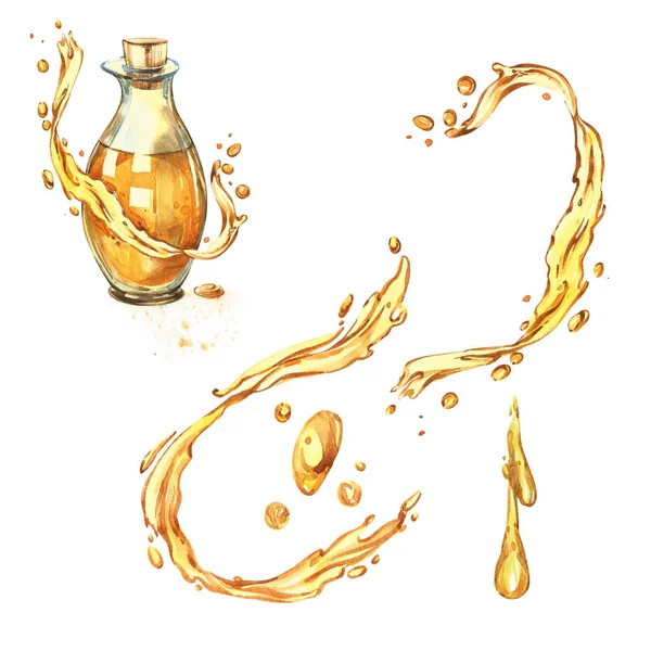 Fles olijfolie geïsoleerd op een witte achtergrond. DROPS en plonsen van olijfolie. Aquarel illustraties. — Stockfoto