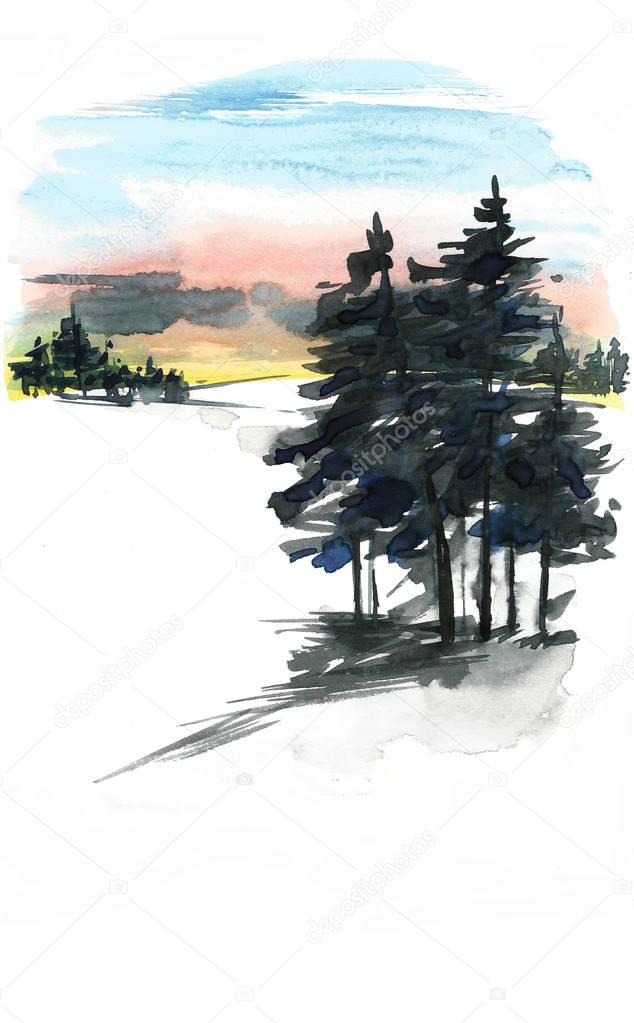 Winter landscape background. Watercolor painting, picture - forest, nature, tree. It can be used as logo, card, illustration.