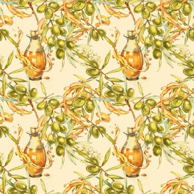 Sulu Boya Dikişsiz desen beyaz Konfit Siyah ve yeşil zeytin ile. Arka plan tasarımı için zeytin yağı, doğal kozmetik.