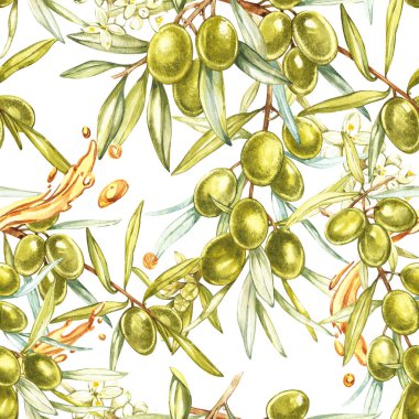 Sulu Boya Dikişsiz desen beyaz Konfit Siyah ve yeşil zeytin ile. Arka plan tasarımı için zeytin yağı, doğal kozmetik.