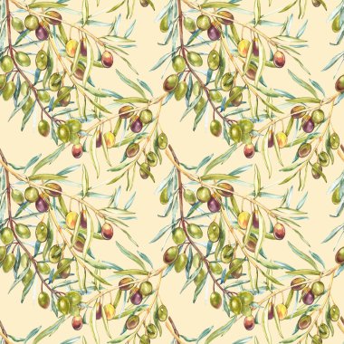 Sulu Boya Dikişsiz desen beyaz Konfit Siyah ve yeşil zeytin ile. Arka plan tasarımı için zeytin yağı, doğal kozmetik.