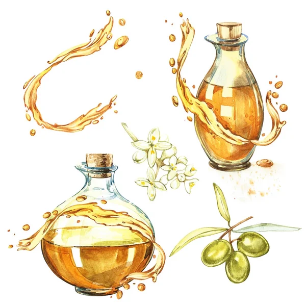 Zestaw, który oddział dojrzałych oliwek zielonych jest soczyste, wylewa się z oleju. Krople i odrobiny oliwy z oliwek. Akwarela i botaniczny ilustracja na białym tle. — Zdjęcie stockowe