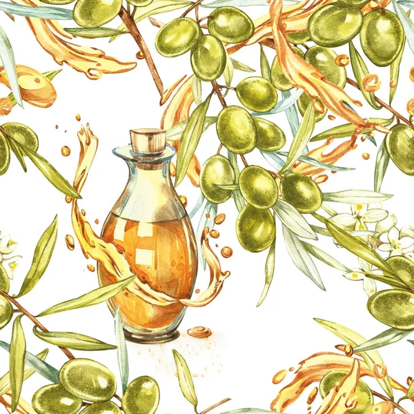 Watercolor seamless pattern with ripe black and green olives on white. Background design for olive oil, natural cosmetics.