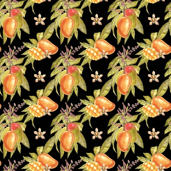 Mango tree vintage seamless pattern. Mango Fruit Watercolor botanical illustration.