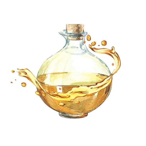 Flasche Olivenöl isoliert auf weißem Hintergrund. Tropfen und Spritzer Olivenöl. Aquarellillustrationen. — Stockfoto