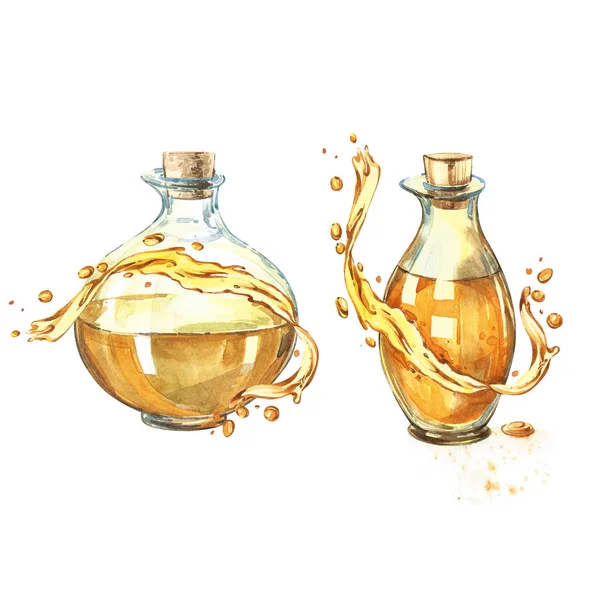 Flaska olivolja isolerad på vit bakgrund. Droppar och stänk olivolja. Akvarell illustrationer. — Stockfoto