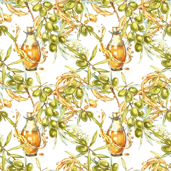 Акварель бесшовный узор с спелыми черными и зелеными оливками на белом. Предпосылки для проектирования оливкового масла, натуральной косметики . — стоковое фото