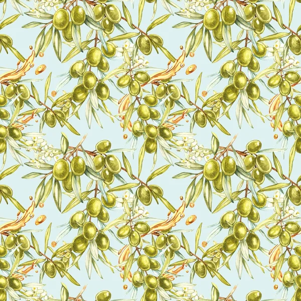 Watercolor seamless pattern with ripe black and green olives on white. Background design for olive oil, natural cosmetics.