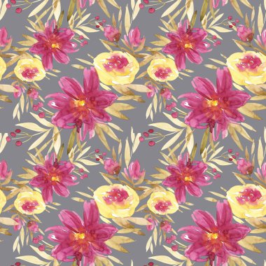 El yapımı suluboya çiçeklerle kusursuz bir yaz deseni..